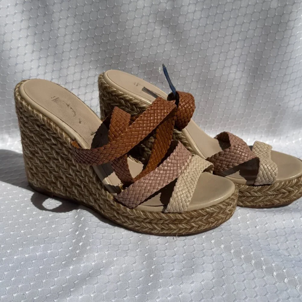 Stuart Weitzman Multicolor Woven Leather Wedge Ankle Strap‎ Sandals Size 8